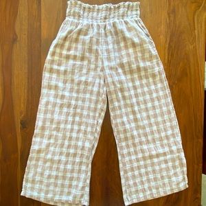 AERIE Wide-leg Crop Tan/White Checkered Beach Pant